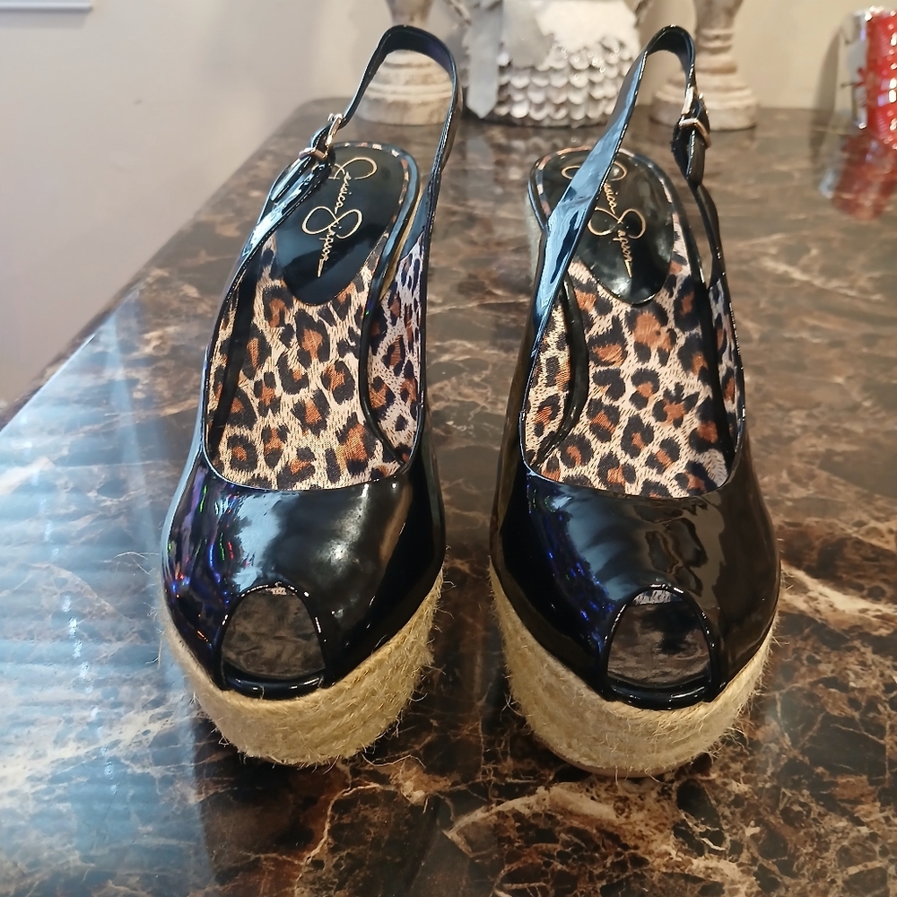 Jessica's Simpson Jungle Wedge Espadrille Patent Leather/Leoapard Shoes Size 8 - Picture 3 of 13